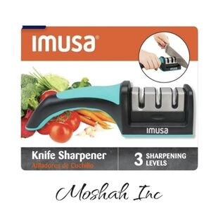 IMUSA Knife Sharpener, 3-Stage Manual Kitchen and Pocket Knife Sharpener